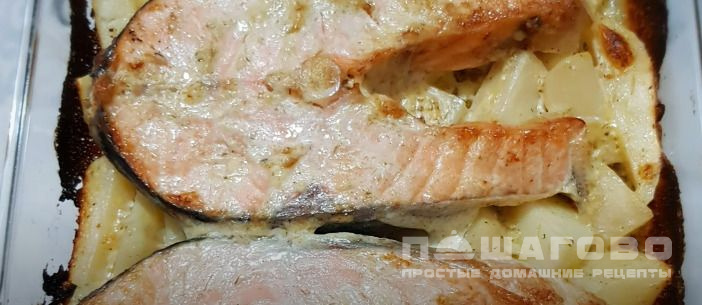 Семга, запеченная с картофелем, под сметанным соусом