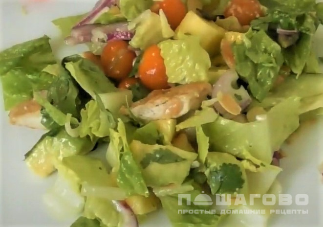 Салат из капусты, курицы, авокадо, манго и болгарского перца