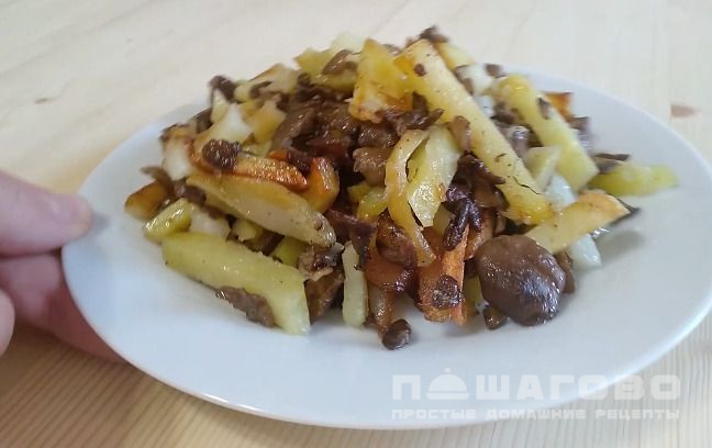Жареная картошка с грибами и луком на сковороде