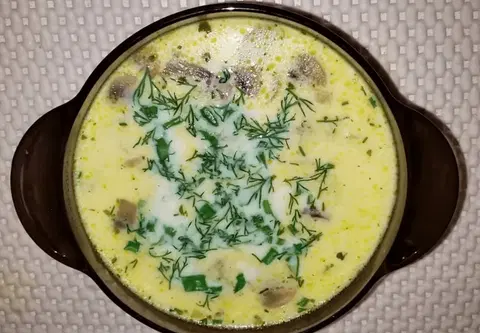 Сырный суп по-французски с курицей и грибами