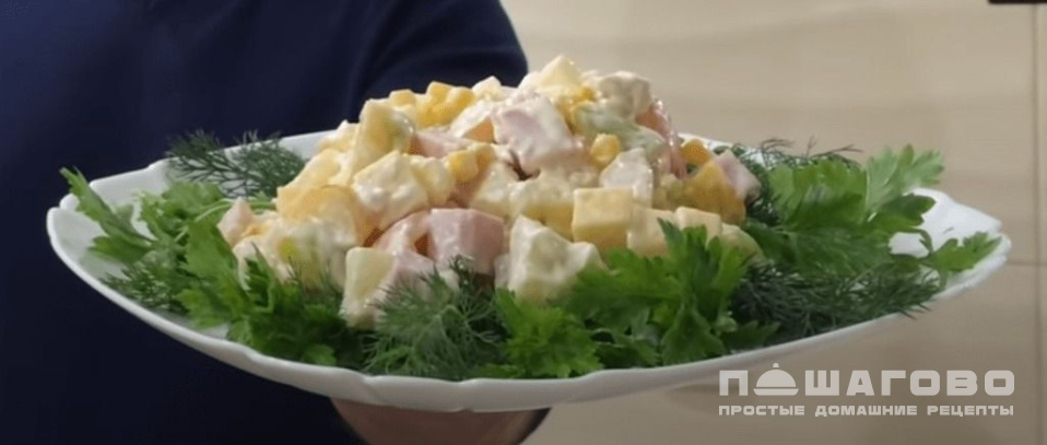 Фото приготовления рецепта: Салат с курицей, ветчиной и ананасами - шаг 3