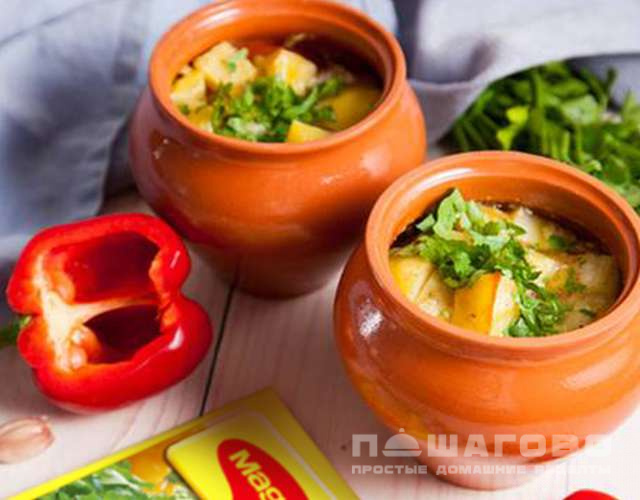 Суп в горшочках в духовке с курицей и овощами