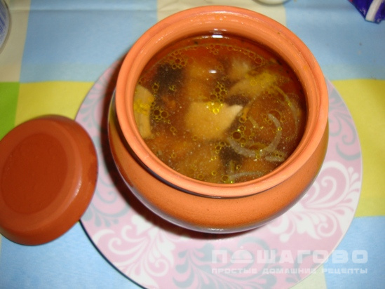 Рисовый суп с мясом в горшочках
